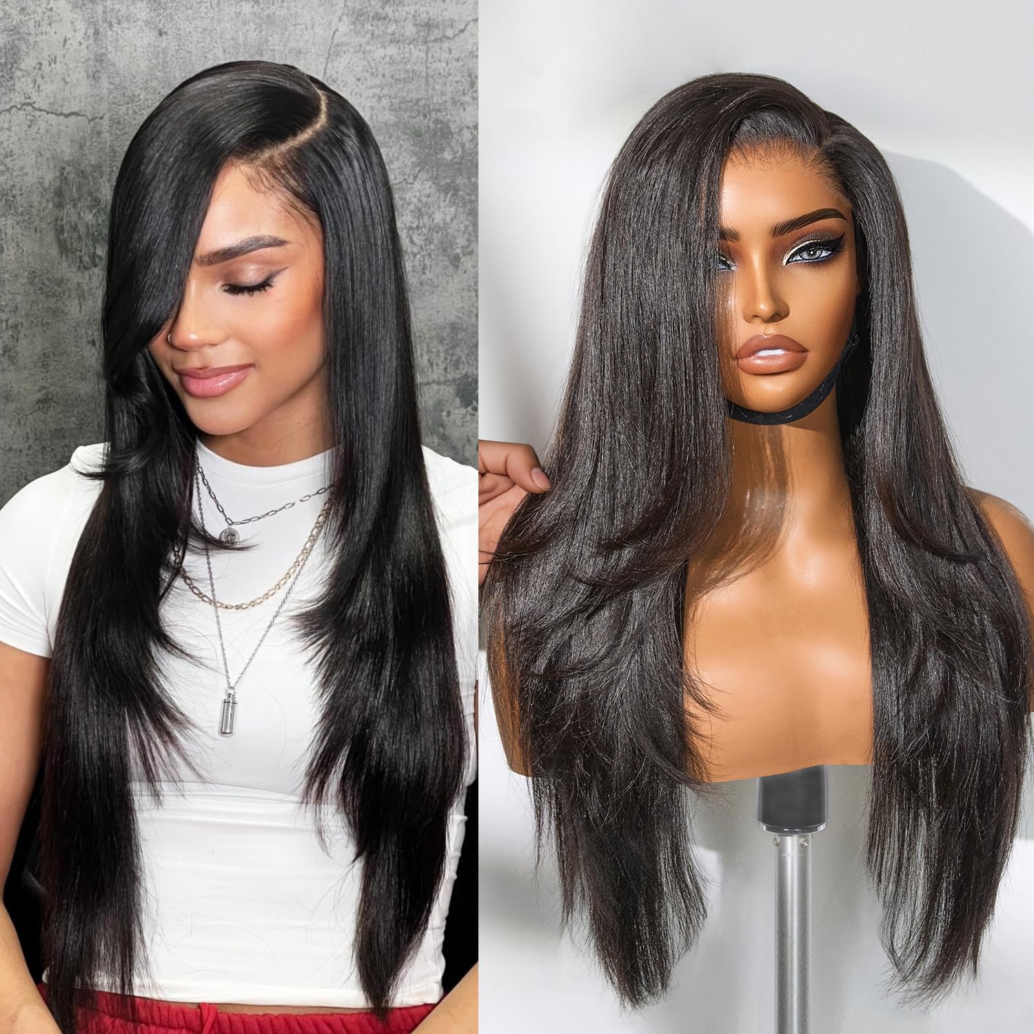 Glueless Butterfly Layered Haircut Yaki Straight Lace Wigs Throw On & Go Workout Wigs Flash Sale-Amanda Hair