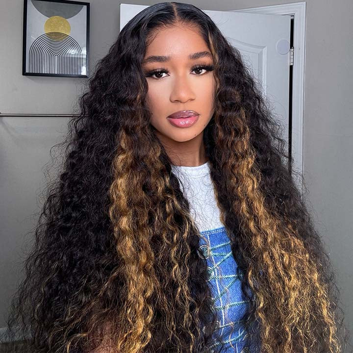 Blonde Highlights on Luxurious Glueless 7×5 Lace Closure Deep Curly Wave Wig Flash Sale