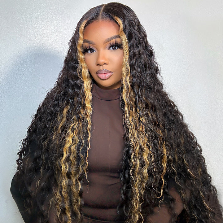 Put On and Go Glueless  Blonde Highlights on Luxurious Lace Frontal Deep Curly Wave Wig - Clear Transparent Lace Front/Closure Wig Same Price as Tiktok Flash Sale - Amanda Hair