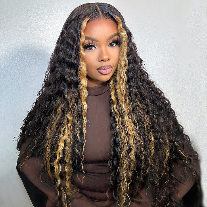 Put On and Go Glueless  Blonde Highlights on Luxurious Lace Frontal Deep Curly Wave Wig - Clear Transparent Lace Front/Closure Wig Same Price as Tiktok Flash Sale - Amanda Hair