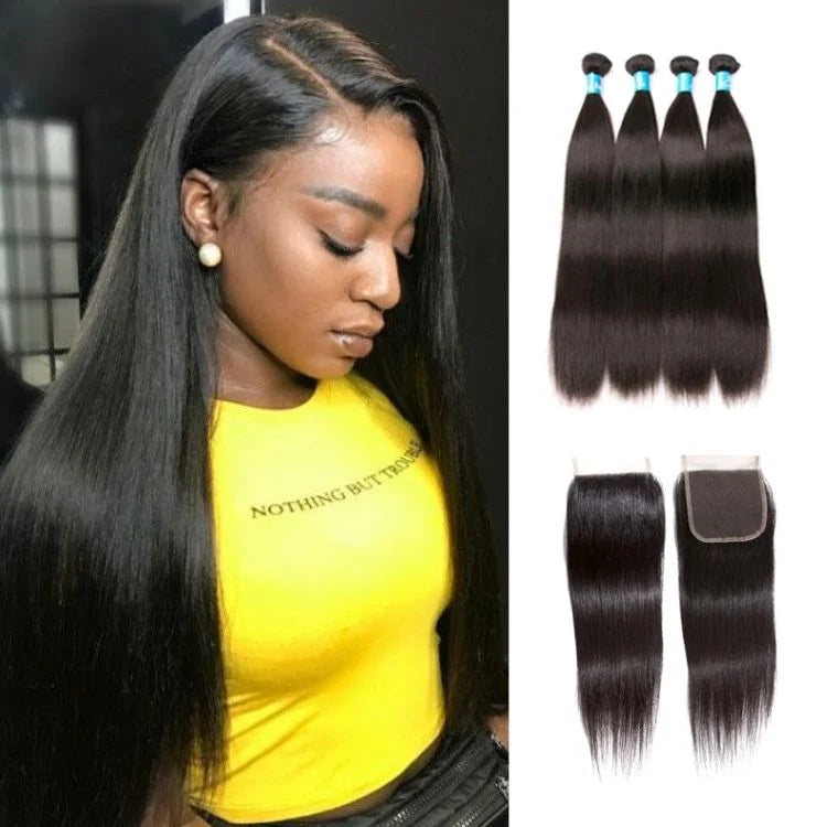 Amanda Malaysian Straight Hair 4 Bundles With 4*4 Lace Closure 9A Grade 100% Unprocessed Human Hair Hot Item