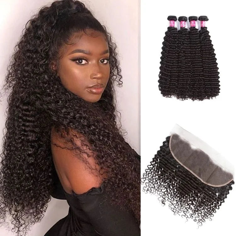 Kinky Curly 4 Bundles With 13*4 Lace Frontal 10A Grade Brazilian Hair 100% Remi Human Hair Soft Shiny Wave Hair - Amanda Hair