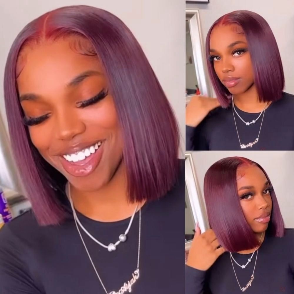 Short Bob 13x4 Lace Front Wig Burgundy 99J Straight Bob Wig 100% Human Hair For Black Women-Amanda Hair