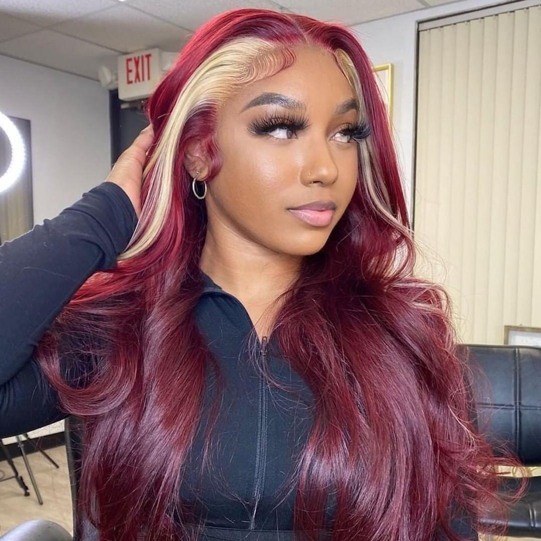 Skunk Stripe Straight 13*4 Lace Front Red Wine & Blonde Highlight Color Wig-Amanda Hair