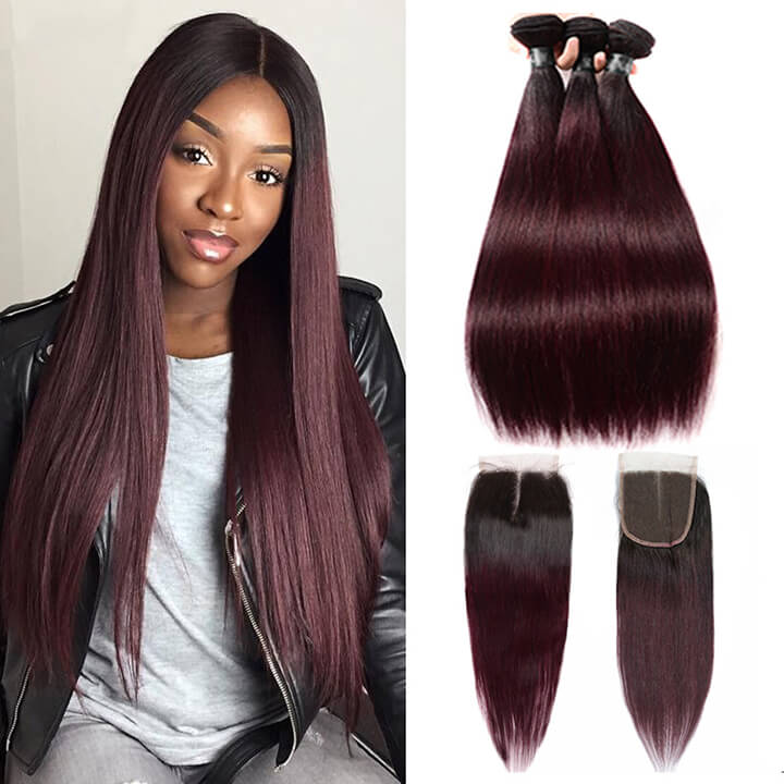 Ombre Burgundy Dark Roots Straight Hair Bundles With Closure 100% Real Human Hair Extensions