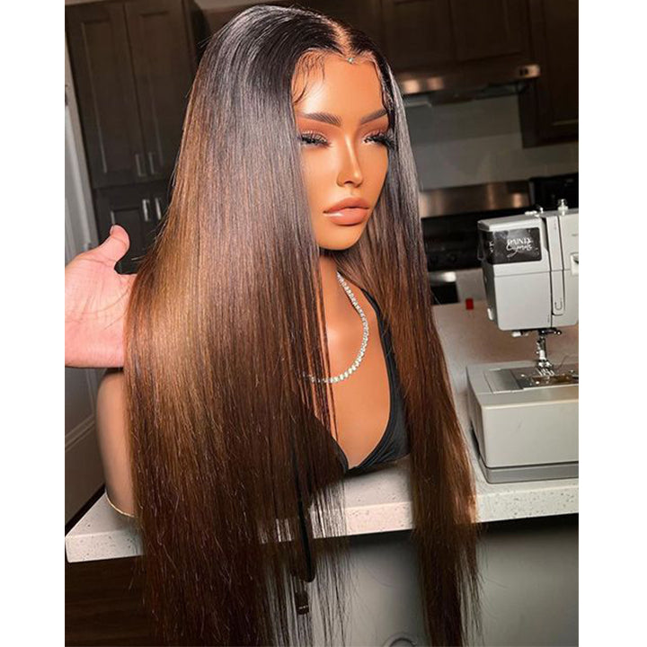 Straight  Black Ombre Chocolate Brown Hair 13x4 Lace Front  Color Wig Glueless Human Hair Wigs