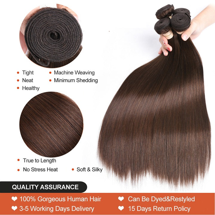 #4 Straight Hair 3 Bundles With Closure 100% Human Hair Bundles Light Brown Brazilian Hair Extensions