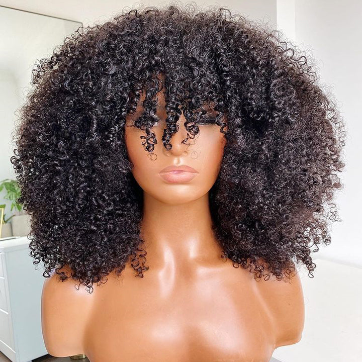 Glueless Full Afro Kinky Curly Wig Double Drawn 4B 3C Human Hair Wigs With Bangs Wear & Go Install