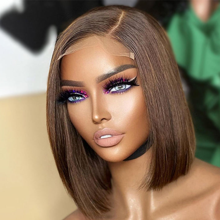 Straight Human Hair Brown Bob Highlight Color Wig -Amanda Hair