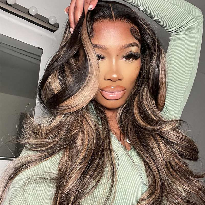 Body Wave Balayage Highlight Hair Transparent 13*4 Lace Front Human Hair Wigs -Amandahair