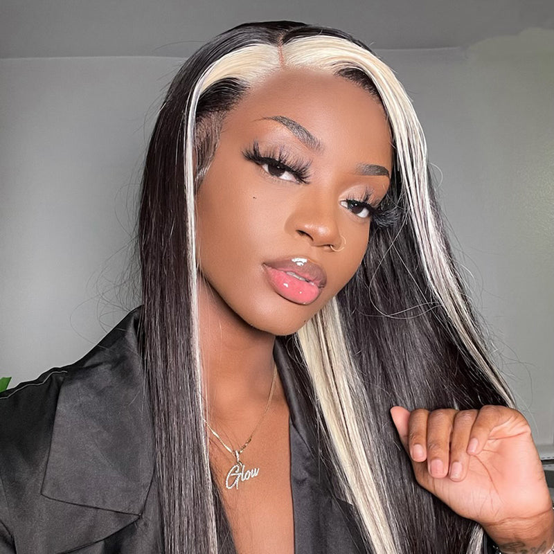 Highlights Blonde & Black Skunk Stripe  Straight Lace Closure Human Hair Wigs 1b/613 Colored HD Transparent 13*4/4x4 Lace Front Wig With Baby Hair-Amanda Hair