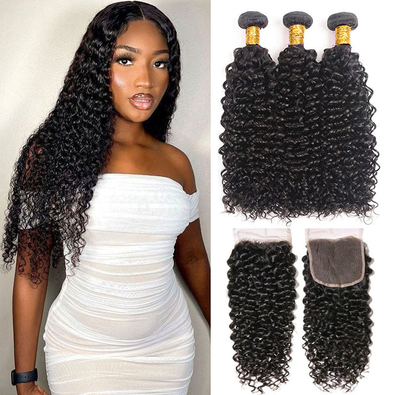 Curly 3 Bundles With 4*4 Lace Closure 10A Grade 100% Remi Human Hair - Amanda Hair