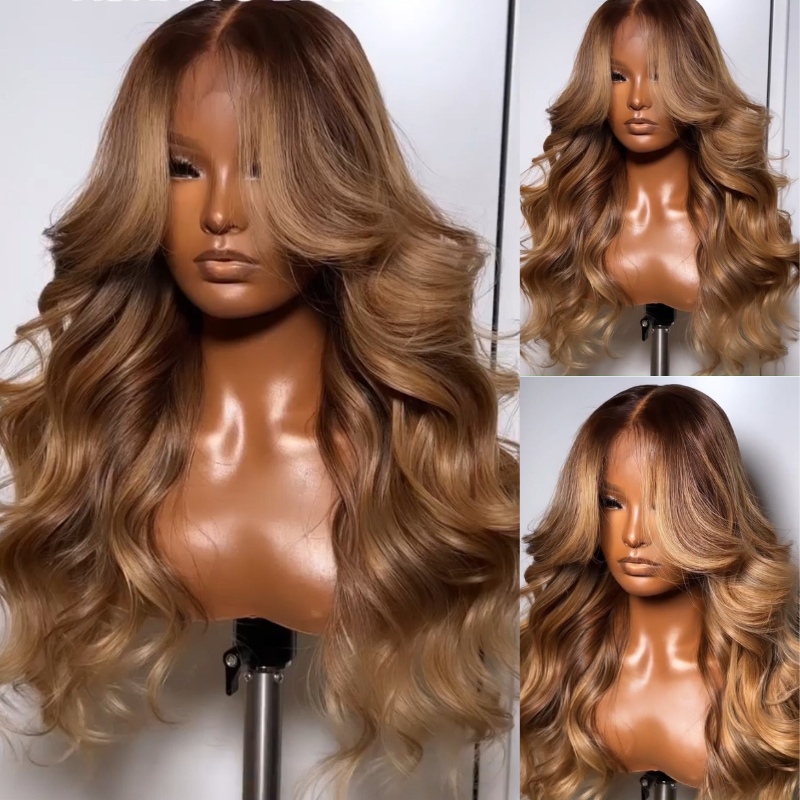 $100 Off Full $100| Highlights Brown with Blonde Glueless Loose Wave Natural Curtain Bangs Lace Front Wig Flash Sale