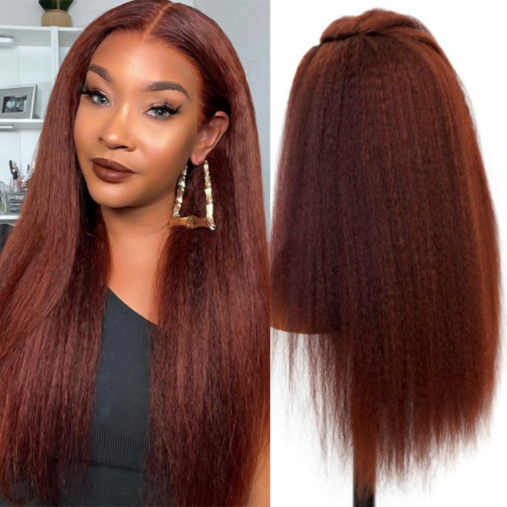 Reddish Brown Transparent Lace Front Kinky Straight Wigs Deep Hairline 100% Human Hair Auburn Color Fall Wigs