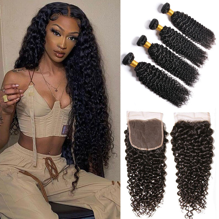 Amanda Malaysian Hair  Curly 4 Bundles With 4*4 Lace Closure 10A Grade 100% Remi Human Hair