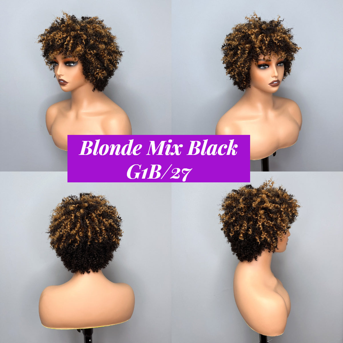 New 6 Inch Afro Kinky Curly Bob Color Wig With Bangs Curly Pixie Cut Glueless Wig Machine Human Hair Wigs For Black Women No Code Needed  -Amanda Hair