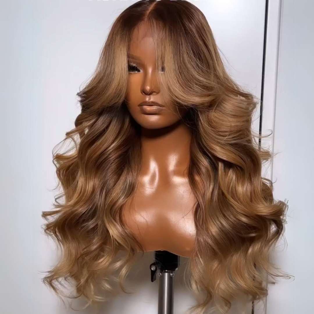 $100 Off Full $100| Highlights Brown with Blonde Glueless Loose Wave Natural Curtain Bangs Lace Front Wig Flash Sale