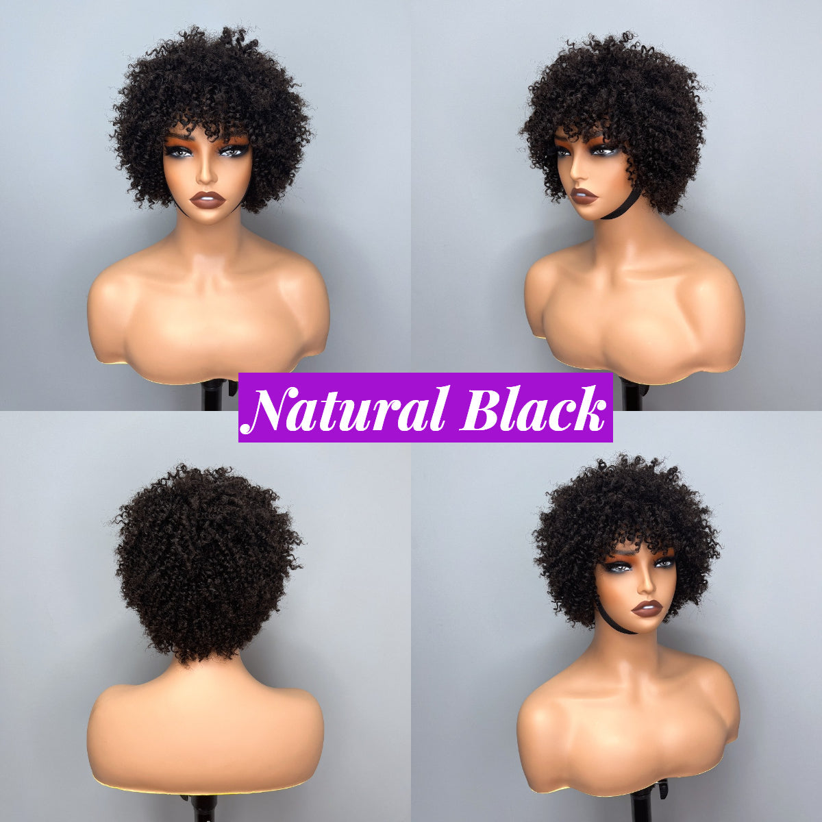 New 6 Inch Afro Kinky Curly Bob Color Wig With Bangs Curly Pixie Cut Glueless Wig Machine Human Hair Wigs For Black Women No Code Needed  -Amanda Hair