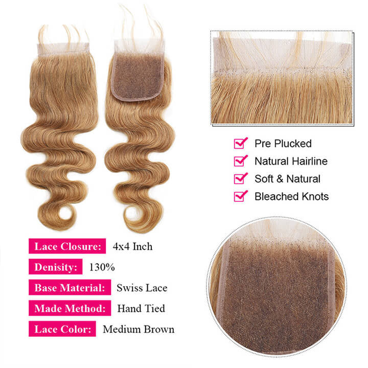 Body Wave 3 Bundles With Lace Closure Brazilian Human Hair  Honey Blonde #27-AmandaHair