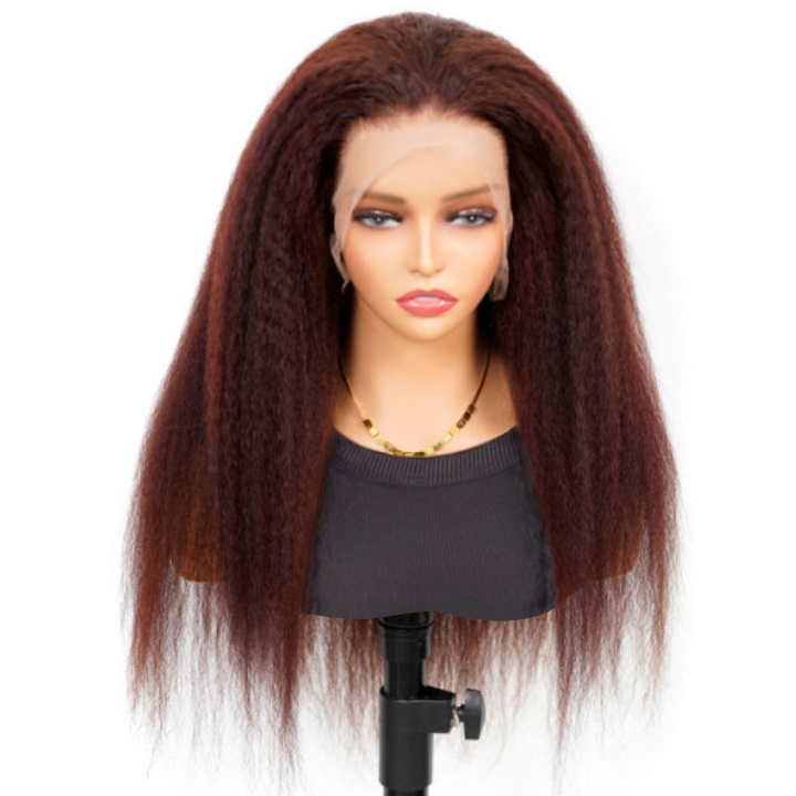 Reddish Brown Transparent Lace Front Kinky Straight Wigs Deep Hairline 100% Human Hair Auburn Color Fall Wigs