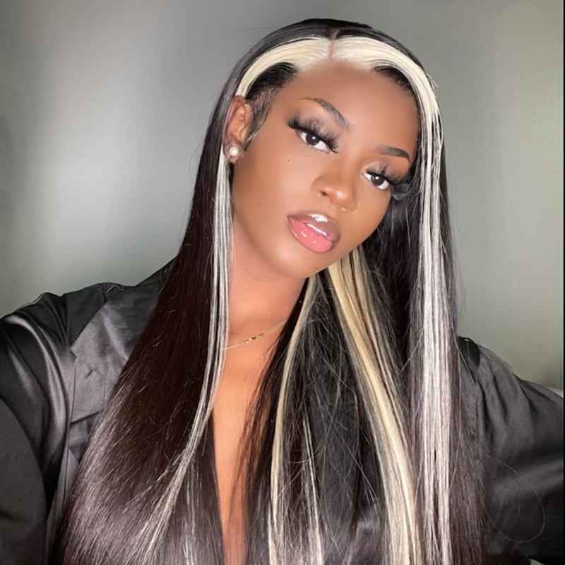 Highlights Blonde & Black Skunk Stripe  Straight Lace Closure Human Hair Wigs 1b/613 Colored HD Transparent 13*4/4x4 Lace Front Wig With Baby Hair-Amanda Hair