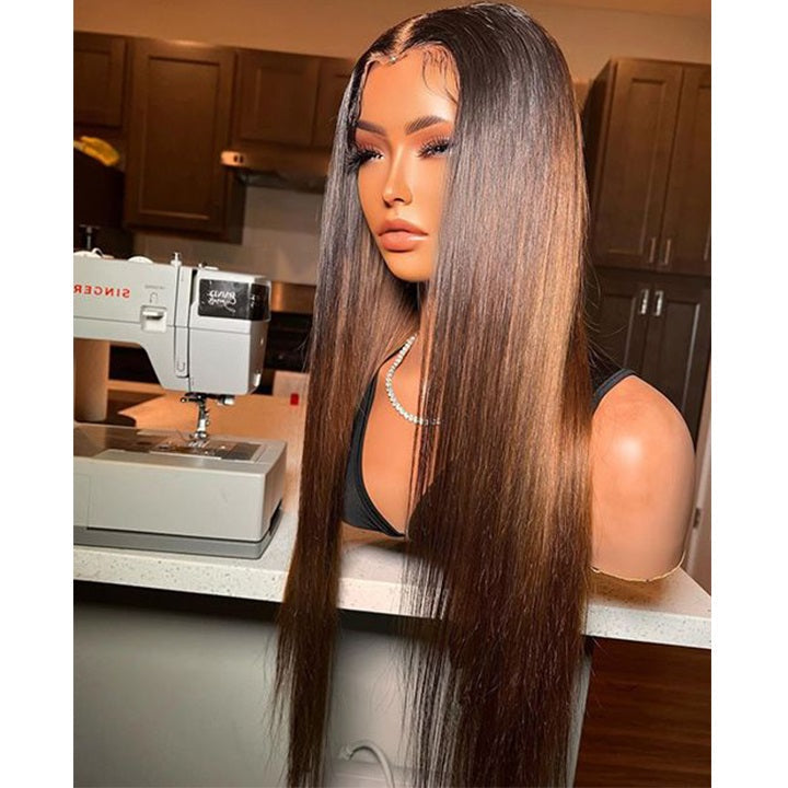 Straight  Black Ombre Chocolate Brown Hair 13x4 Lace Front  Color Wig Glueless Human Hair Wigs
