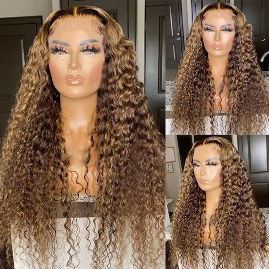 Glueless Highlight  Deep Wave Lace Front Human Hair Wig Ombre Blonde Lace Front Wig for Women-Amanda Hair