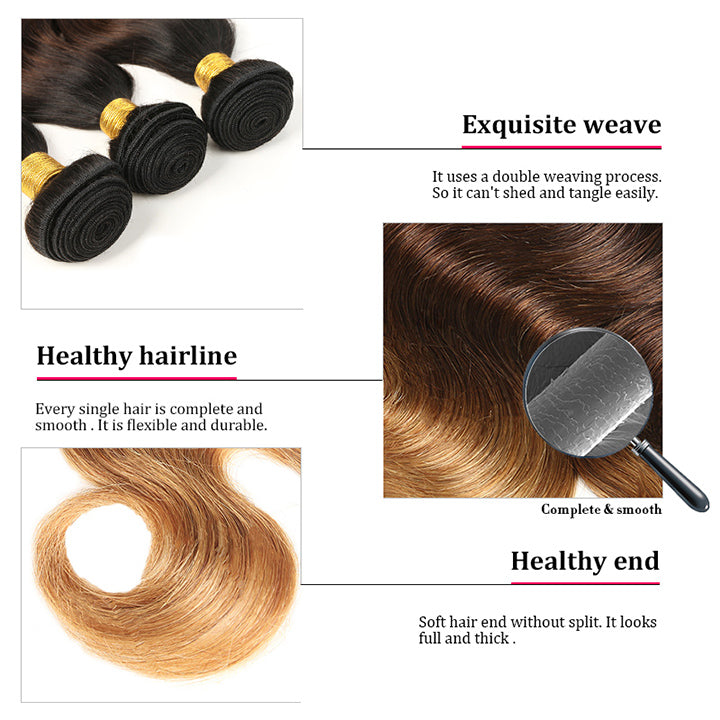 Ombre Bundles With Closure Brazilian Body Wave Human Hair 3Tone (T1b/4/27) Highlight 100% Real Human Hair Extensions