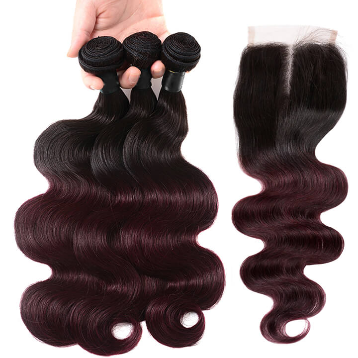 Brazilian Body Wave Hair Bundles With Closure Ombre Burgundy  100% Real Human Hair Extensions