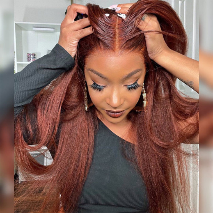 Reddish Brown Transparent Lace Front Kinky Straight Wigs Deep Hairline 100% Human Hair Auburn Color Fall Wigs