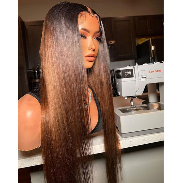 Straight  Black Ombre Chocolate Brown Hair 13x4 Lace Front  Color Wig Glueless Human Hair Wigs