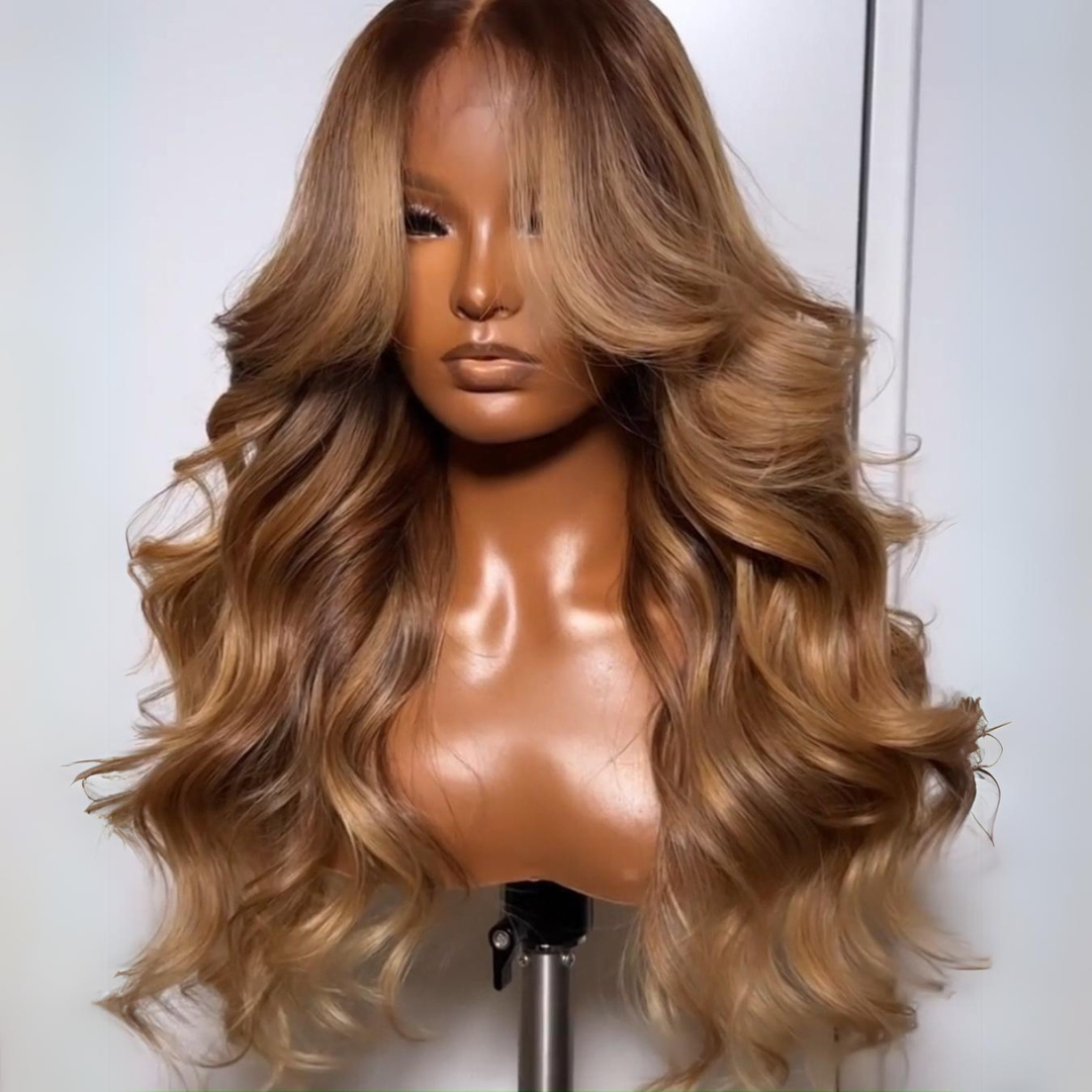 Highlights Brown with Blonde Glueless Loose Wave Natural Curtain Bangs Hair Clear Transparent Lace Front Wigs For Women-Amanda Hair
