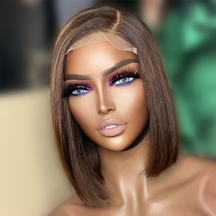 Straight Human Hair Brown Bob Highlight Color Wig -Amanda Hair