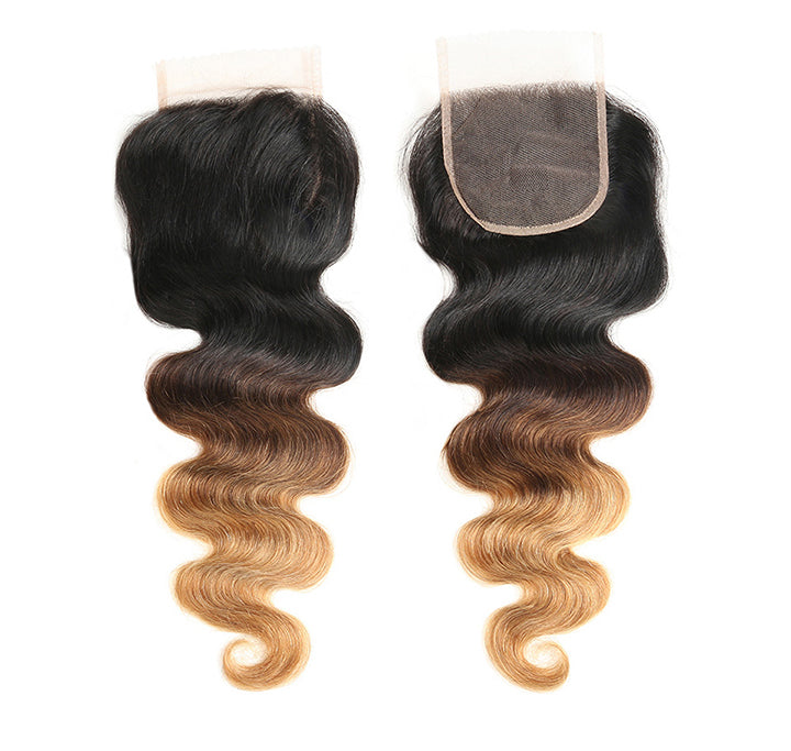 Ombre Bundles With Closure Brazilian Body Wave Human Hair 3Tone (T1b/4/27) Highlight 100% Real Human Hair Extensions