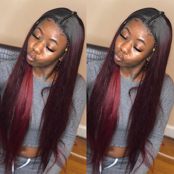 Ombre Burgundy Dark Roots Straight Hair Bundles With Closure 100% Real Human Hair Extensions