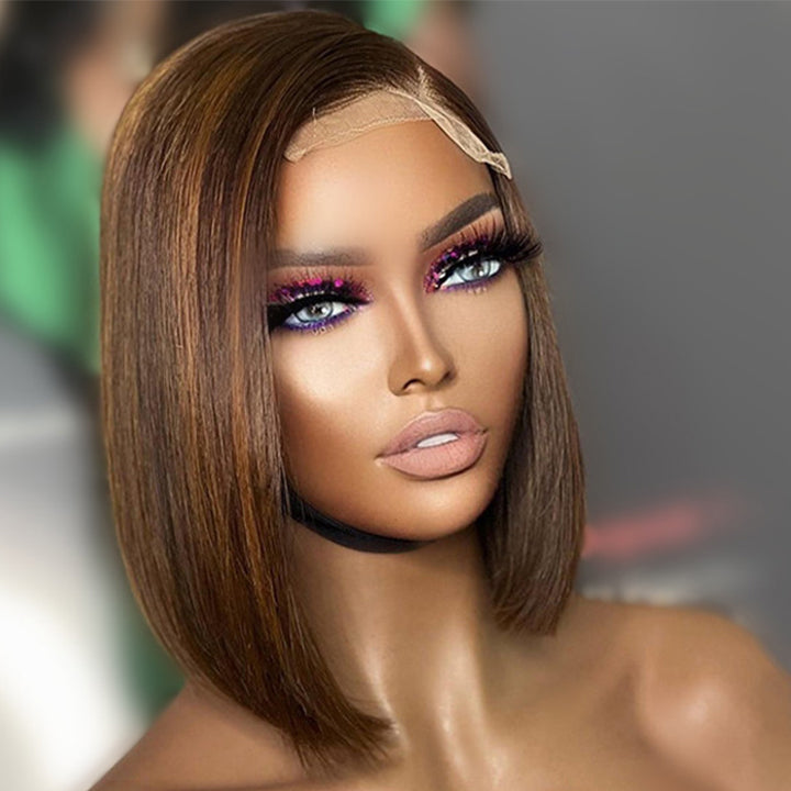 Straight Human Hair Brown Bob Highlight Color Wig -Amanda Hair