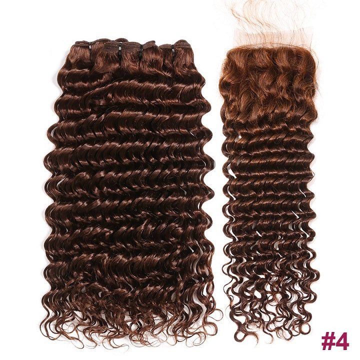 #4 Light Brown Deep Wave Hair With Closure 3 Bundles With Closure Brazilian Hair Extensions