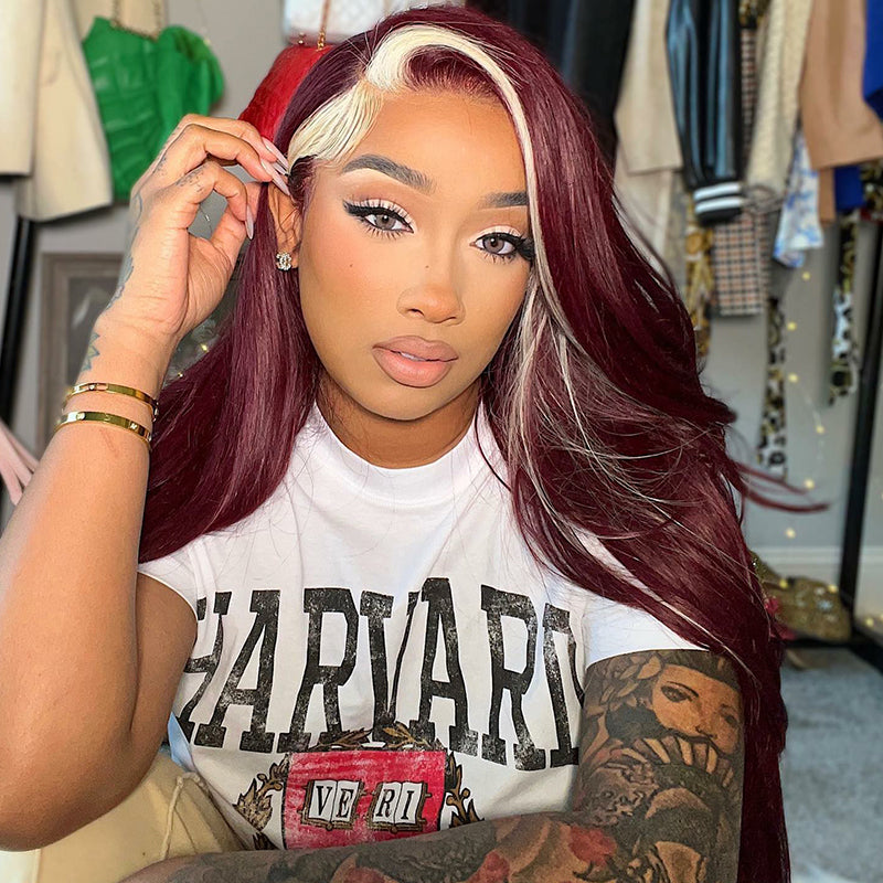 Flash Sale Buy 2 Get 1 Free Straight 13*4 Lace Front Red Wine & Blonde Skunk Stripe Color  99J Burgundy Wig-Amanda Hair