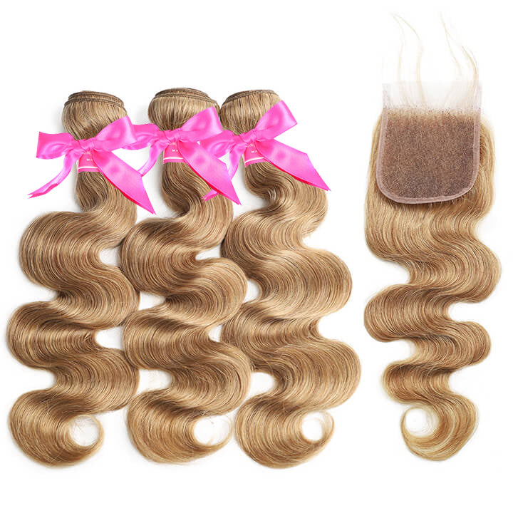 Body Wave 3 Bundles With Lace Closure Brazilian Human Hair  Honey Blonde #27-AmandaHair