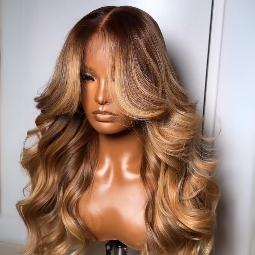 Highlights Brown with Blonde Glueless Loose Wave Natural Curtain Bangs Hair Clear Transparent Lace Front Wigs For Women-Amanda Hair