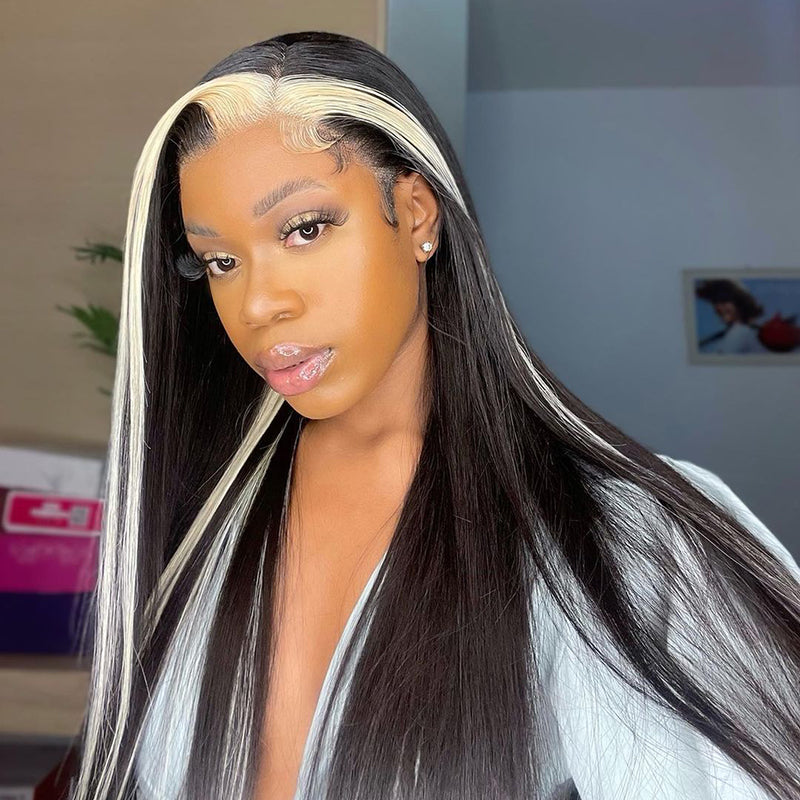 Highlights Blonde & Black Skunk Stripe  Straight Lace Closure Human Hair Wigs 1b/613 Colored HD Transparent 13*4/4x4 Lace Front Wig With Baby Hair-Amanda Hair