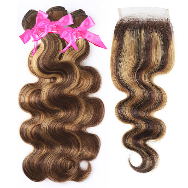Highlight Brown Body Wave Human Brazilian Hair Bundles With Closure Ombre Honey Blonde Closure With Bundles
