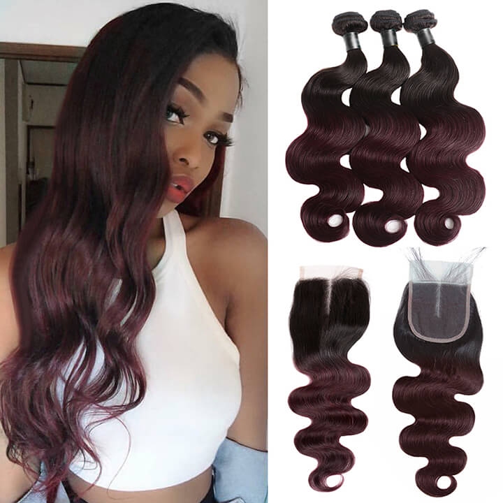 Brazilian Body Wave Hair Bundles With Closure Ombre Burgundy  100% Real Human Hair Extensions