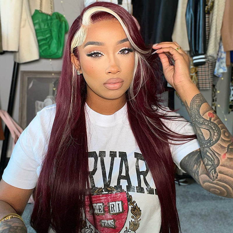 Flash Sale Buy 2 Get 1 Free Straight 13*4 Lace Front Red Wine & Blonde Skunk Stripe Color  99J Burgundy Wig-Amanda Hair