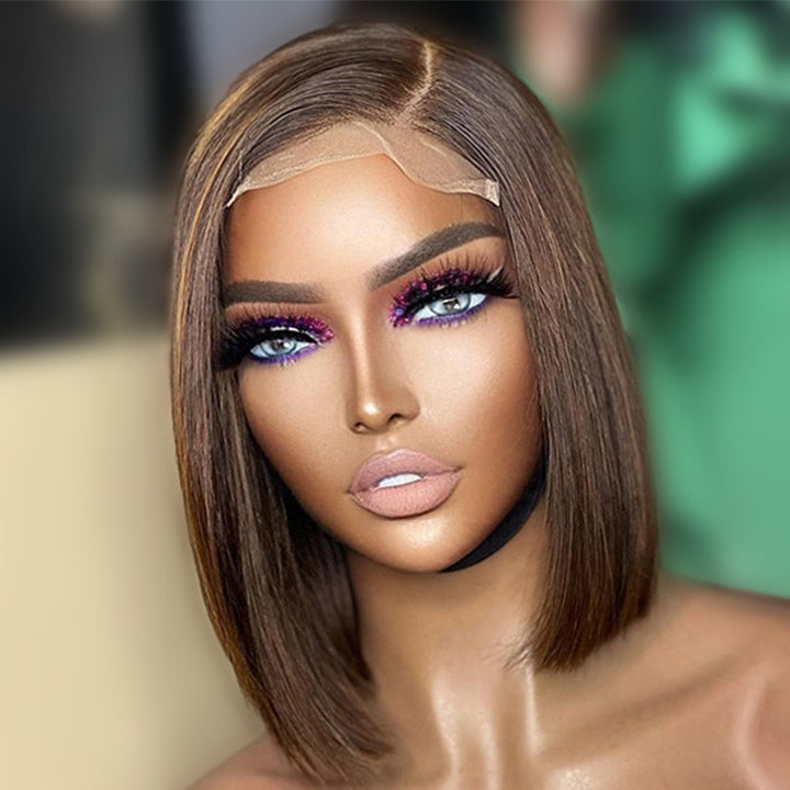 Straight Human Hair Brown Bob Highlight Color Wig -Amanda Hair