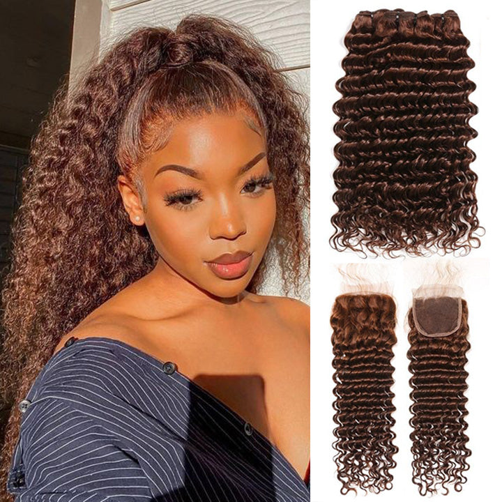 #4 Light Brown Deep Wave Hair With Closure 3 Bundles With Closure Brazilian Hair Extensions