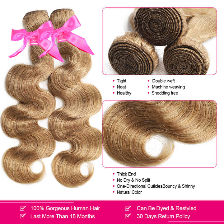 Body Wave 3 Bundles With Lace Closure Brazilian Human Hair  Honey Blonde #27-AmandaHair