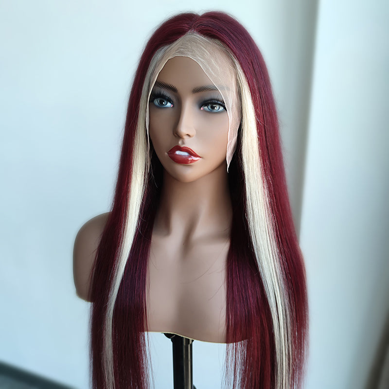 Skunk Stripe Straight 13*4 Lace Front Red Wine & Blonde Highlight Color Wig-Amanda Hair