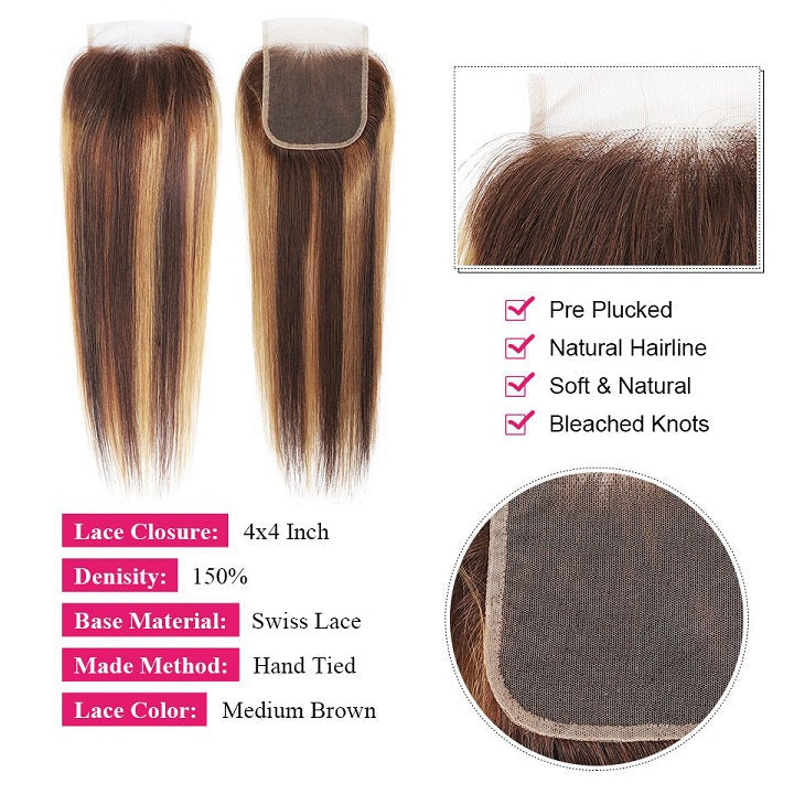 Highlight Brown 3 Bundles Straight Human Hair With Closure Ombre Honey Blonde -Amandahair