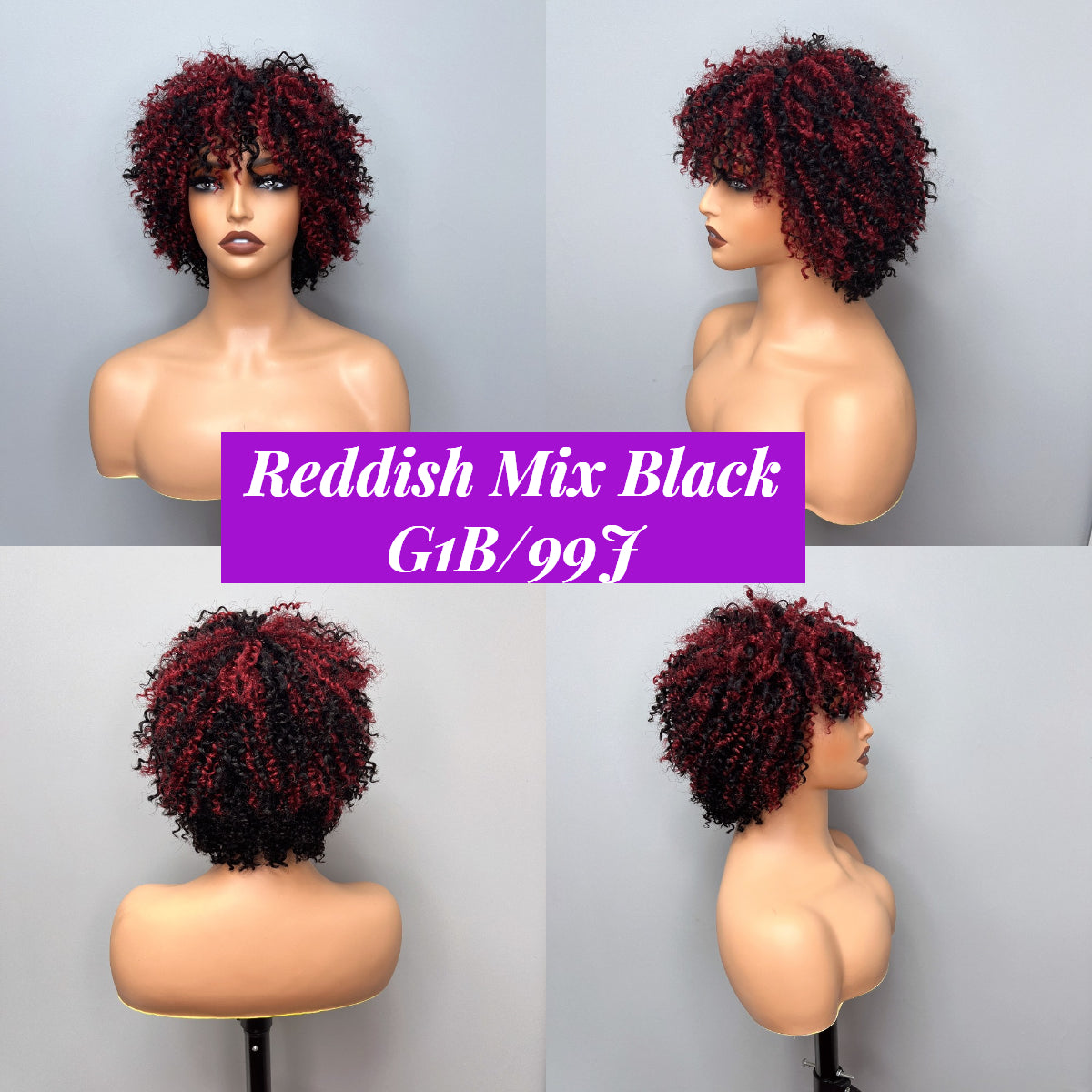 New 6 Inch Afro Kinky Curly Bob Color Wig With Bangs Curly Pixie Cut Glueless Wig Machine Human Hair Wigs For Black Women No Code Needed  -Amanda Hair